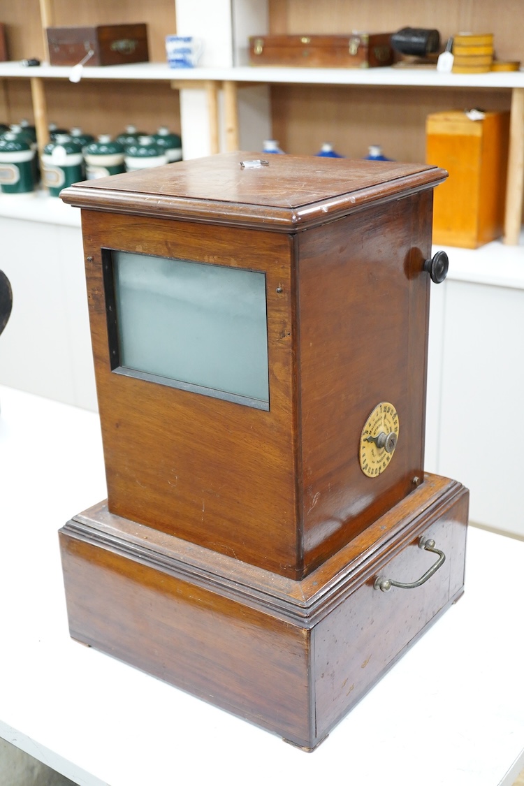 A late 19th century French mahogany Taxiphote stereoscopic table top viewer, 51cm high, 33cm wide